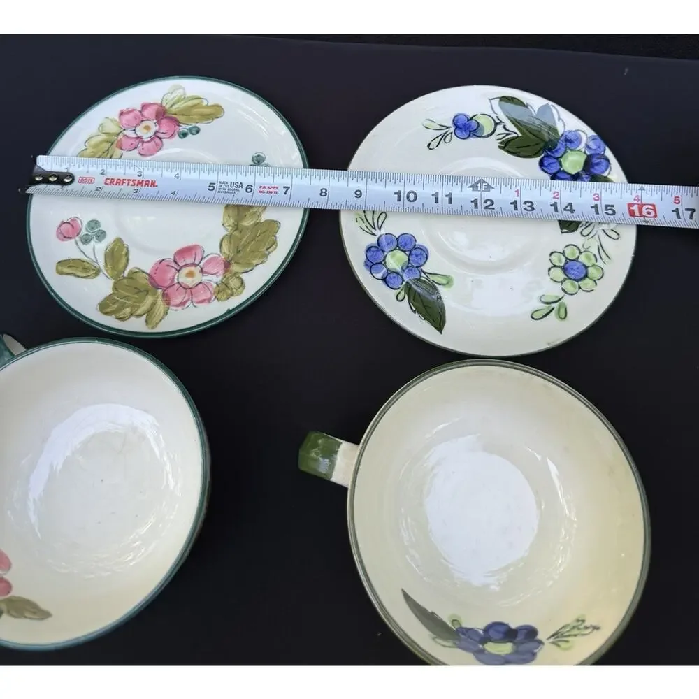 2 ITALIAN HAND-PAINTED FAIENCE SOUP BOWLS & SAUCERS EUC -A87